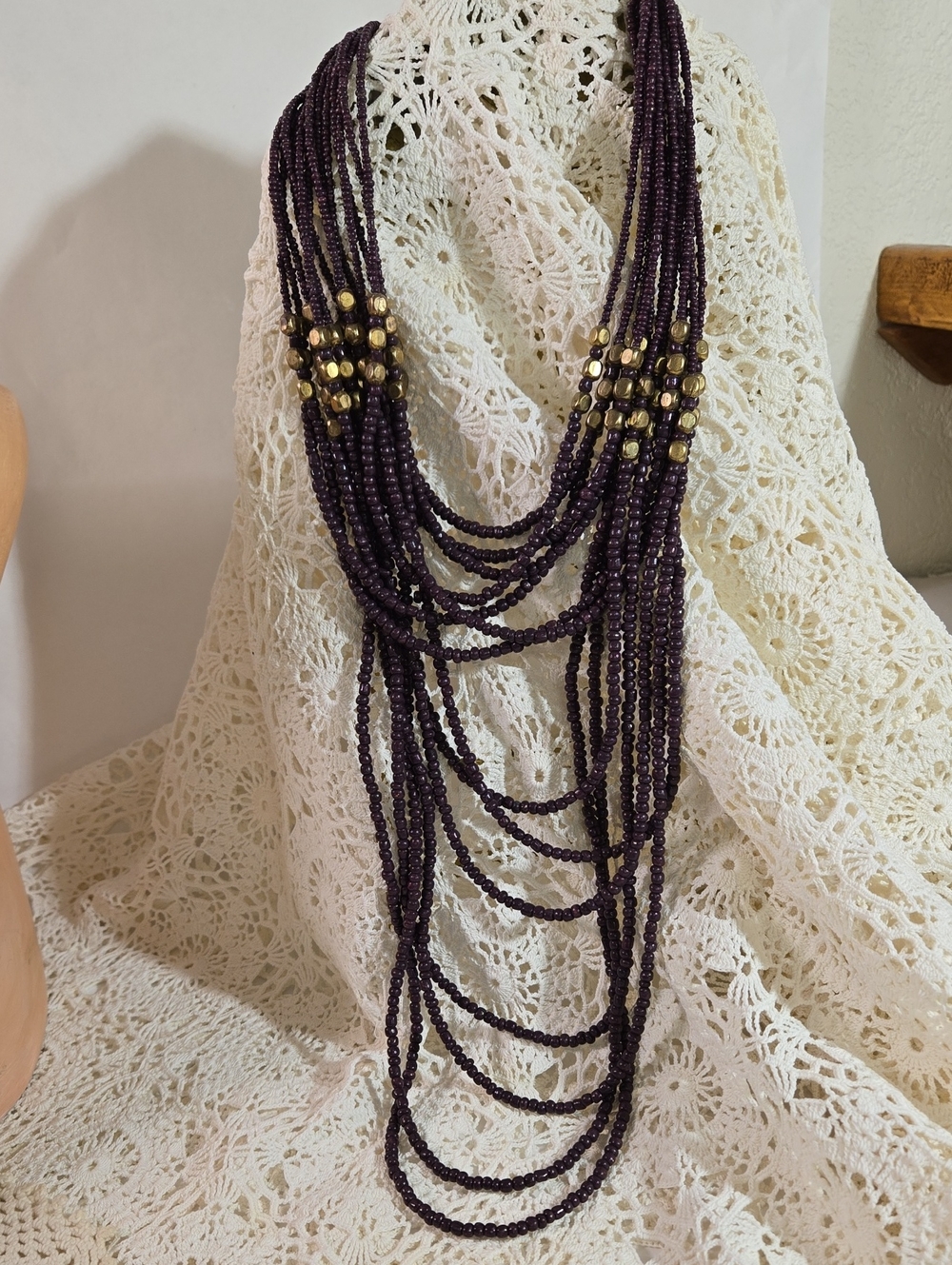 Multi-Strand Deep Purple Beaded Necklace with Gold Bead Accents